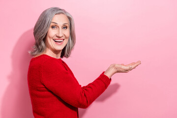 Poster - Profile side view portrait of attractive cheerful gray-haired woman holding copy space isolated over pink pastel color background