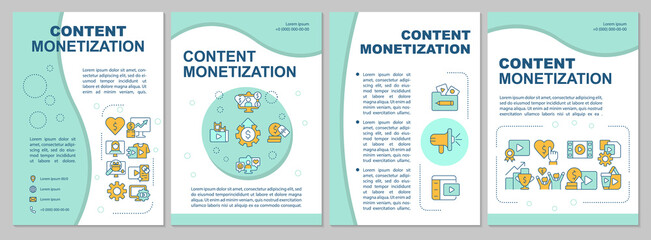 Content monetization mint brochure template. Earn money online. Booklet print design with linear icons. Vector layouts for presentation, annual reports, ads. Arial-Black, Myriad Pro-Regular fonts used