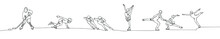 Continuous One Line Drawing Winter Sports Athletes On Ice. Hockey, Speed Skating, Figure Skating. Vector Illustration