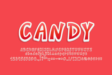 Leinwandbilder - Bright red emblem Candy. Modern 3d sticker style font, vector English alphabet set