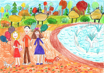 Child drawing of a happy family on a walk outdoors. Pencil art in childish style