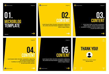 Microblog carousel slides template for social media post. Six page, black & yellow skew squares theme.