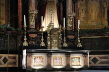 Altar Close Up With Tabernacle, Cross And Candlesticks At The Saint Nicholas Basilica In Amsterdam, Netherlands