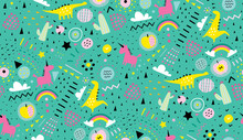 Seamless Pattern Background With Dinosaurs Unicorns And Rainbows, Repeat Pattern For Decoration Design. Textile Print For Boys And Girls. Trendy Style Vector Hand Drawn Design.