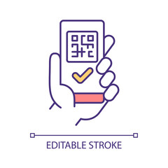 Sticker - QR code check RGB color icon. Mobile application service. Contactless and touchless solution for device. Isolated vector illustration. Simple filled line drawing. Editable stroke. Arial font used