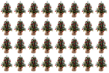 Christmas pine trees in pots wrapped in cloth and decorated with colorful balls, cones, red berries. Website background. Isolated, white background. Banner size. Seamless pattern