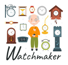 Cute Vector Alphabet Profession. Letter W - Watchmaker. Vector Illustration