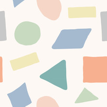 Seamless Repeating Pattern With Doodle Shapes In Pastel Colors Geometric Figures Logo Square Triangle Circle Ellipse Icon Sign Cartoon Design Fashion Print Clothes Apparel Greeting Invitation Card Ad