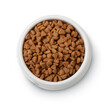 Top view of dry pet food in plastic bowl