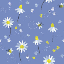 Honey Bees Daisy Flowers Florets Vector Seamless Pattern. Blue Yellow Colours Summer Life Background. Decorative Chamomile Nature Surface Design For Hippie Child Nursery And Baby Fashion.