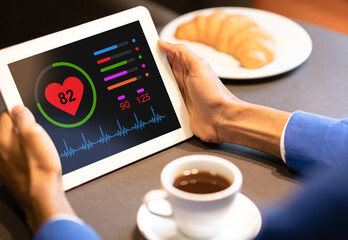 Poster - Black man with tablet checking health condition in cafe shop