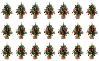 Wall Mural - Christmas pine trees in pots wrapped in cloth and decorated with colorful balls, cones, red berries. Website background. Isolated, white background. Banner size. Seamless pattern