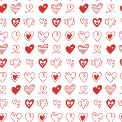 Wall Mural - vector seamless pattern with cute various hand drawn simple hearts doodle on white background. roman