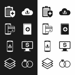 Sticker - Set Medical book, NFC Payment, Clipboard with medical insurance, Cloud upload, Smartphone download and Monitor dollar icon. Vector