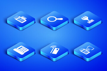 Sticker - Set POS terminal, , Contactless payment, Telephone, Magnifying glass and Lead management icon. Vector