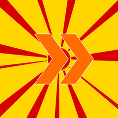 Poster - double arrow symbol on a background of red flash explosion radial lines. the large orange symbol is 