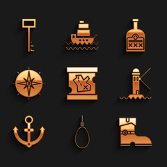 Poster - Set Pirate treasure map, Gallows rope loop hanging, Leather pirate boots, Lighthouse, Anchor, Wind rose, Alcohol drink Rum bottle and key icon. Vector