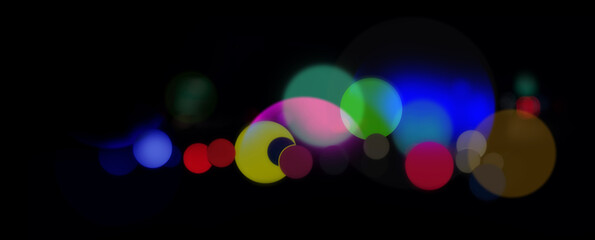 Vibrant colorful light globes in motion from left to right on black background. Futuristic website banner backdrop with space for text and design.