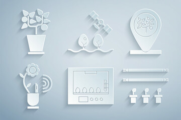 set incubator for eggs, location and tree, smart farming technology, with bulb plant, drone and plan
