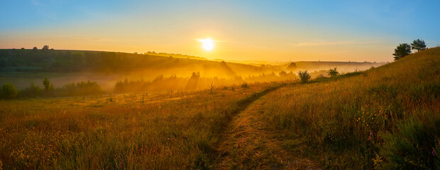 Poster - The foggy sunrise over the fields and meadows