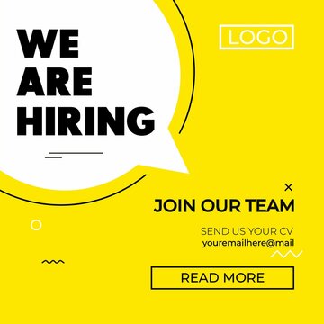 Wall Mural - Hiring recruitment design poster. We are hiring design template with geometric shapes. Vector illustration. Open vacancy flat style concept. Hiring minimalist template