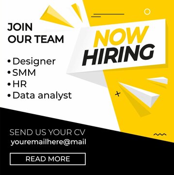 Wall Mural - Hiring recruitment design poster. We are hiring template with chat bubbles. Vector illustration. Open vacancy design template in yellow, black and white colors. Join our team background, card, banner.