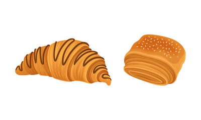 Wall Mural - Pastry products for bakery menu assortment set. Croissant and puff bun vector illustration