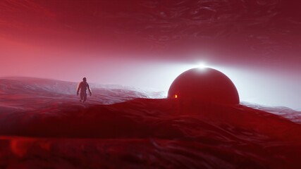 Wall Mural - 3d illustration - Sci-fi landscape digital  background. Magician walking on land with colorful moon