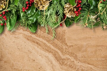 Canvas Print - Winter tree on Christmas background border with holly, cedar cypress, mistletoe, pine cone and ivy leaves