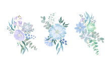 Set Of Elegant Bouquets Or Bunches Of Dusty Blue Wildflowers, Eucalyptus Leaves And Greenery Vector Illustration