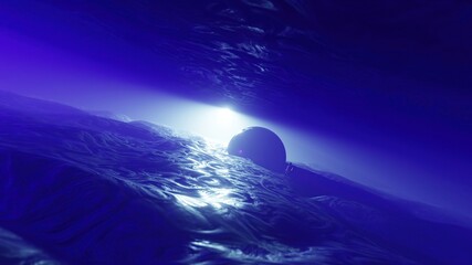 Wall Mural - 3d illustration - Sci-fi landscape digital  background. Magician walking on land with colorful moon