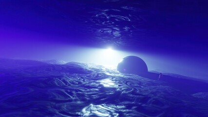Wall Mural - 3d illustration - Sci-fi landscape digital  background. Magician walking on land with colorful moon
