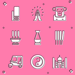 Poster - Set Indian textile fabric, Hands in praying position, Monkey, Incense sticks, vase, Aroma incense, Taxi tuk tuk and Yin Yang icon. Vector