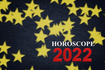 Canvas Print - Word Horoscope 2022. Blocks with letters on dark background decorated with starry confetti.