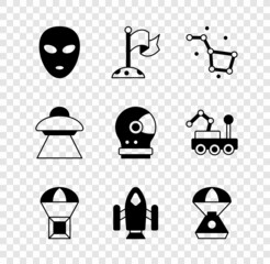 Sticker - Set Alien, Moon with flag, Great Bear constellation, Box flying parachute, Rocket ship, Space capsule, UFO spaceship and Astronaut helmet icon. Vector