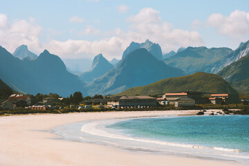 Wall Mural - Lofoten islands in Norway Ramberg beach and mountains landscape travel destinations scenery famous places scandinavian nature