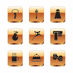 Canvas Print - Set Mushroom, Cup of tea, Winter hat, Kite, Pear, Ghost, Christmas mitten and Honey dipper stick icon. Vector