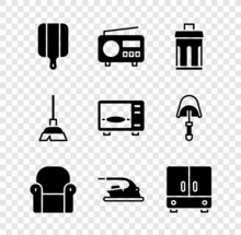 Set Cutting Board, Radio, Trash Can, Armchair, Electric Iron, Wardrobe, Handle Broom And Microwave Oven Icon. Vector