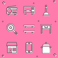 Sticker - Set Radio, Microwave oven, Rubber plunger, Frying pan, Empty wooden shelves, Furniture nightstand, House and Mobile phone icon. Vector