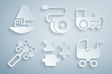 Poster - Set Puzzle pieces toy, Toy train, Rattle baby, Baby stroller, Yoyo and boat icon. Vector