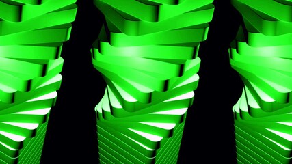Poster - Rotating 3d spirals on black background. Design. Repeating 3d spirals rotate in space. Side view of rotating spirals