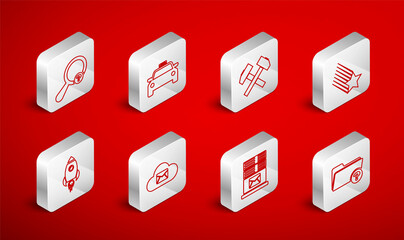 Poster - Set line Unknown directory, Taxi car, Two crossed hammers, Falling star, Mail server, search, Cloud mail and Rocket ship with fire icon. Vector