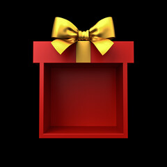 Poster - Exhibition booth display showcase or blank red gift box stand with gold ribbon bow isolated on black background minimal conceptual 3D rendering
