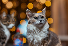 Christmas Cat. Portrait Striped Kitten With Christmas Lights Garland On Festive Red Background.
