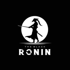 Japanese ronin silhouette with moon, swordsman wearing traditional hat, fighter community vintage logo design