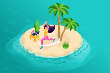 Poster - 3d isometry, girl meditating on the beach, laptop with music for meditation, learn new asanas. high-