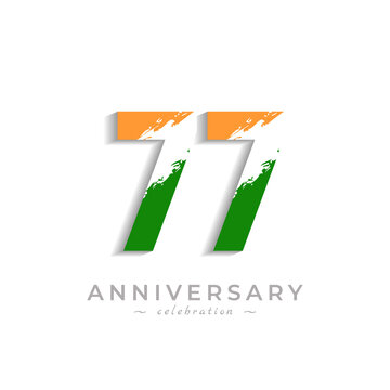 77 Year Anniversary Celebration with Brush White Slash in Yellow Saffron and Green Indian Flag Color. Happy Anniversary Greeting Celebrates Event Isolated on White Background