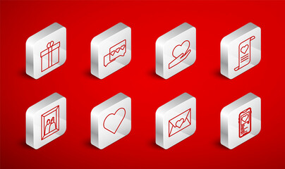 Sticker - Set line Mobile with heart, Like and, Heart in hand, Envelope Valentine, Gift box, and Picture frame icon. Vector