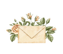 Watercolor Vintage Antique Envelope And Bouquet With Orange Roses Isolated On White Background. Hand Drawn Illustration Sketch