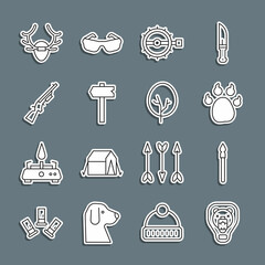 Sticker - Set line Bear head on shield, Medieval spear, Paw print, Trap hunting, Road traffic sign, Shotgun, Deer antlers and Tree icon. Vector